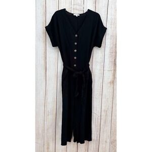 Miou Muse Black Button Front Belted Jumpsuit Large Linen Blend Wide Leg‎